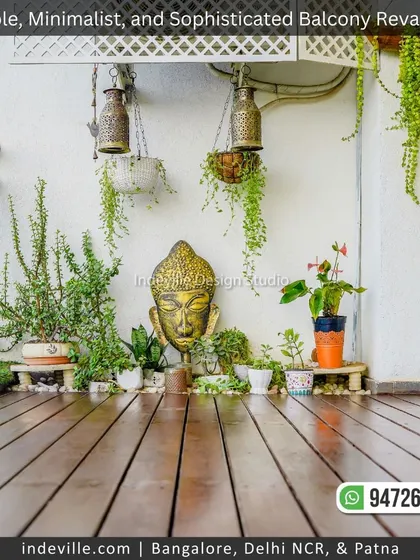A low-angle view highlighting the rich wooden deck flooring and the serene arrangement of plants and decor. The hanging brass bells and trailing plants add a touch of traditional elegance.
