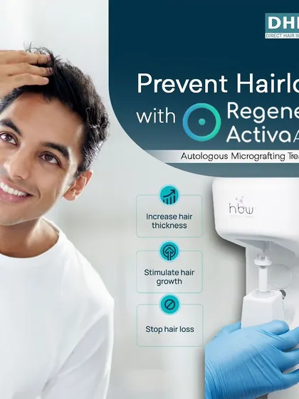 **Prevent Hair Loss with Regenera Activa:** This image highlights the key benefits of our Regenera Activa AMT treatment. It is designed to increase hair thickness, stimulate new growth, and effectively stop hair loss, all within a single, 30-minute session.