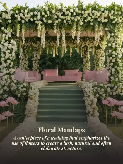 "Floral Mandaps" are all about making a statement with flowers. Here, the entire structure is covered in lush white blooms and hanging wisteria, creating a romantic and opulent centerpiece.