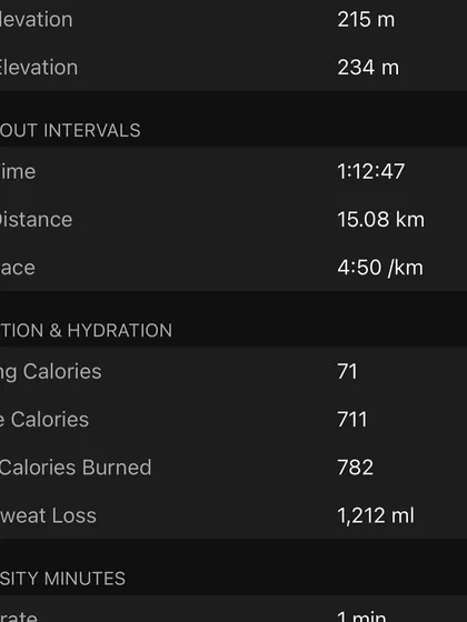 Detailed stats from a 15km run, including elevation, pace, and estimated sweat loss of 1,212 ml. We use this data to dial in our hydration and nutrition strategies.
