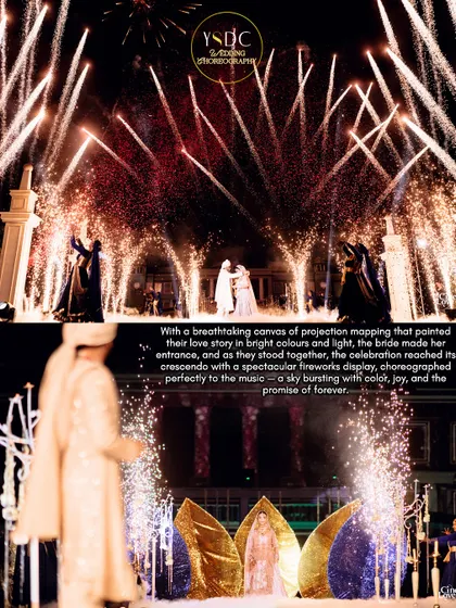 This collage showcases two distinct grand entry concepts. One features a dramatic fireworks display during the varmala, while the other shows the bride making a theatrical entrance from a lotus-like prop.