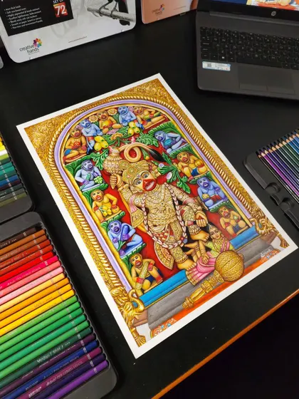The final artwork of the complex and colourful Shree Kashtbhanjan Dev Hanuman ji. This piece combined colour pencils and markers for a rich, textured finish.