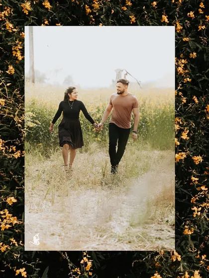 A collage that combines a beach drone shot with a photo of the couple walking hand-in-hand through a beautiful field.
