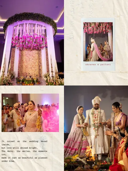 A mood board capturing the essence of the indoor wedding. Despite the rain, the decor, the smiles, and the love shone just as brightly.