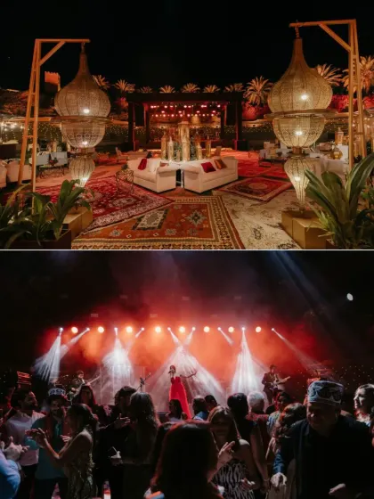 A 'Souk Under the Stars' welcome dinner in Oman. The decor featured low seating on Persian rugs, large wicker lanterns, and an open air setting that created a magical, Arabian night ambiance.