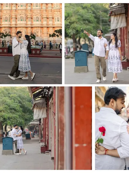A collage of a couple's playful and romantic moments while exploring the streets of Jaipur, including a surprise rose and a walk past the iconic Hawa Mahal.