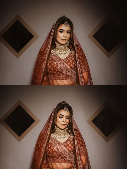 A collage of two classic bridal portraits. The lighting and composition create a timeless, elegant look that highlights the bride's beauty.