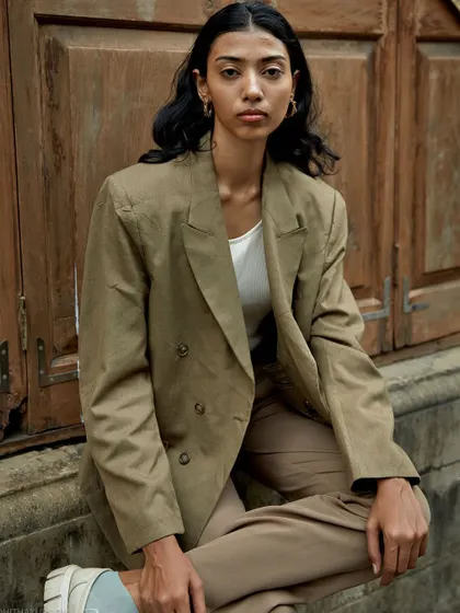 A relaxed environmental portrait against a rustic wooden door. The warm tones of the background complement the earthy color of the blazer.