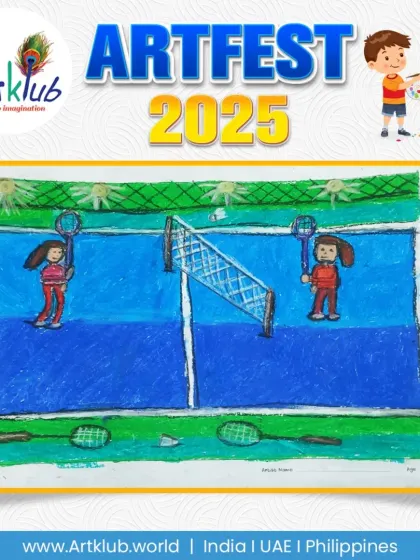 A junior artist's take on a tennis match, drawn with bold colours. The focus is on the two players on a blue court, ready for action.