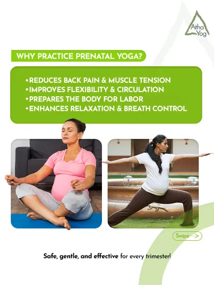 This graphic explains why practicing prenatal yoga is so beneficial. It helps reduce back pain, improves circulation, prepares the body for labor, and enhances relaxation through safe and gentle poses.