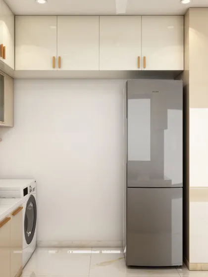 A view of the utility side of the kitchen, with space for a washing machine and refrigerator integrated seamlessly into the cabinetry.