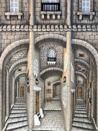This unique illusion artwork plays with multiple perspectives at once, showing three different pathways branching off from a central building. It's a complex and engaging piece that invites the viewer to explore its many layers.