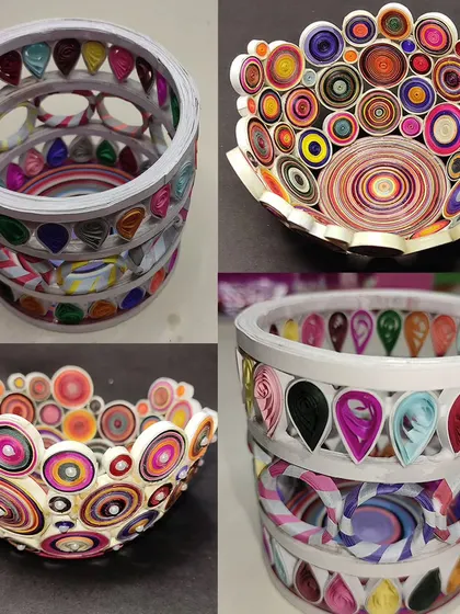 Intricate and colorful bowls and holders made using the paper quilling technique. Learn how to turn strips of paper into stunning 3D decorative objects.