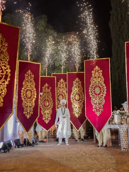 A full view of the groom's regal entry procession, a concept I designed to make his arrival as majestic as the occasion itself.