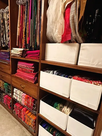 This series of images shows the different stages of a home setup. It starts with decluttering piles of sarees and clothes and ends with beautifully organized, functional wardrobes.