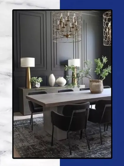 Dinner time should be a happy time. This elegant dining room setup, with its dark walls, statement chandelier, and comfortable seating, is designed for memorable meals and conversations.