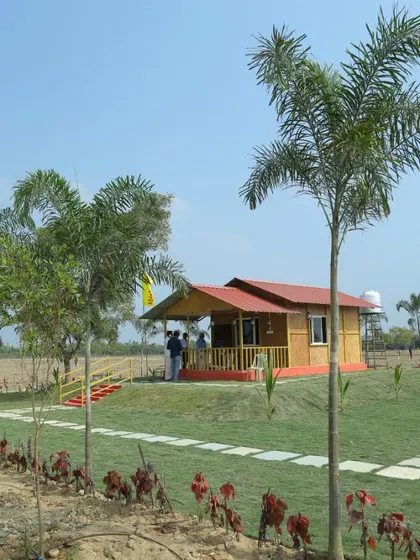 A new real estate development site with a model house, surrounded by freshly laid lawn and newly planted palm trees. This is a typical example of landscaping for property developers to attract buyers.