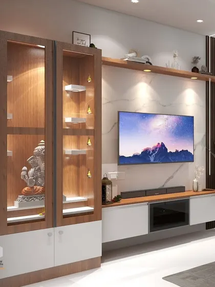 This 3D design for a living room in Channasandra integrates a beautiful puja unit with glass doors next to the TV console, blending spirituality with modern design.