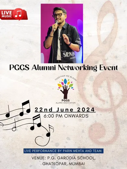 An announcement for the PGGS Alumni Networking Event in Ghatkopar. School and college alumni events are one of my specialties, where music helps reconnect old friends.