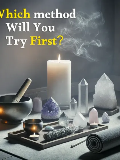 A collection of crystal cleansing tools, including a singing bowl, sage, and various crystals, ready for a ritual.