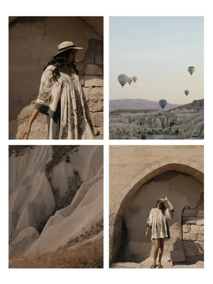 Another collage from Cappadocia, featuring the iconic hot air balloons and the unique cave-like architecture of the region.