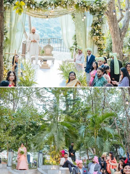 A two-part shot showing the bride's entrance and the groom waiting for her at the mandap, building a beautiful narrative.