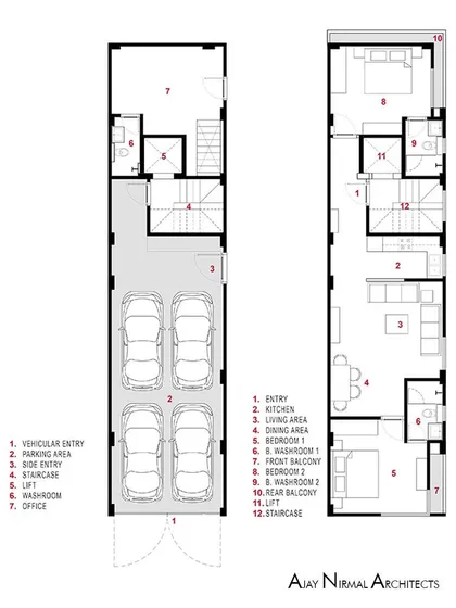 The floor plan for the Yellow Line Apartment, showing how we organized the layout on a narrow plot. Placing the staircase and lift centrally allowed for bedrooms at both ends with natural light.