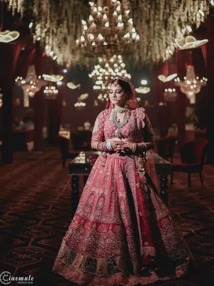 A breathtaking shot of the bride standing in a grand, beautifully lit hall, looking like royalty. This showcases my skill in using location to create stunning portraits.