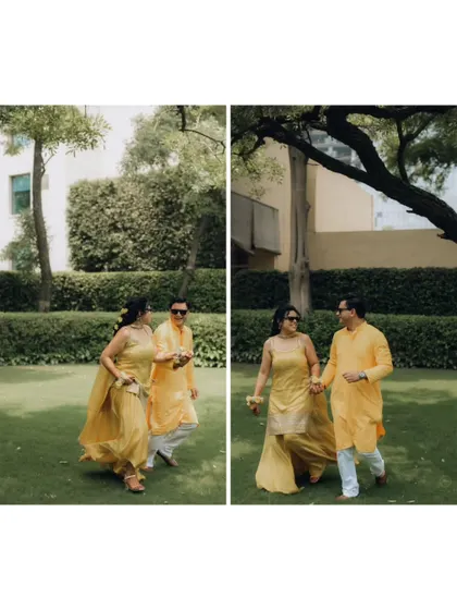 A playful collage of a couple in matching yellow outfits enjoying their Haldi function in a beautiful garden setting.