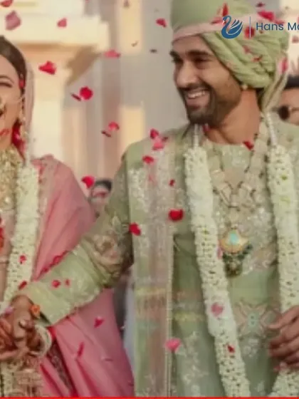 The joy on this couple's face is infectious. A beautiful Varmala moment filled with laughter and falling petals.