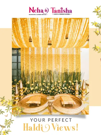 The timeless beauty of a traditional Haldi ceremony is something we cherish. We elevate this classic event with meticulous detail, using streams of marigold flowers and traditional brass elements to create a warm, inviting, and photogenic atmosphere.