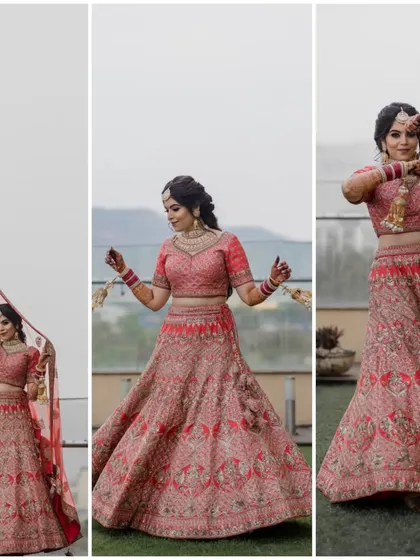 A collage of the bride in her beautiful red lehenga, striking different poses that show off her personality and the outfit's details.