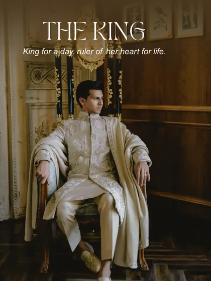 King for a day, ruler of her heart for life. This stylized portrait of the groom captures a modern, regal aesthetic that is both powerful and romantic.