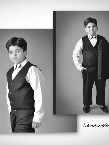 A dapper young boy dressed in a vest and bowtie poses for a set of classic black and white portraits, looking sharp and confident for the camera.