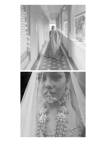 A black and white diptych of Apurva, showing a full-length shot of her walking and a dramatic close-up of her face behind the veil.