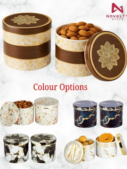 A collection of my stylish dry fruit containers, available in various patterns and colors. These are perfect for gifting and can be reused long after the festival.