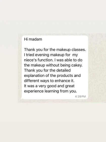 This student was able to do her own evening makeup for a function without it looking cakey. She appreciated the detailed explanation of products and techniques.