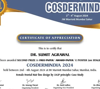 I was honored to receive the second prize for my presentation on Female Frontal Hairline Design at COSDERMINDIA 2024. This award recognizes my specialized work in creating tailored solutions for women experiencing hair loss.