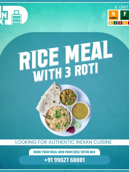 This is an example of my Rice Meal with 3 Roti. It's a popular choice for those who want a filling lunch, combining the goodness of rice, dal, and sabji with extra rotis.