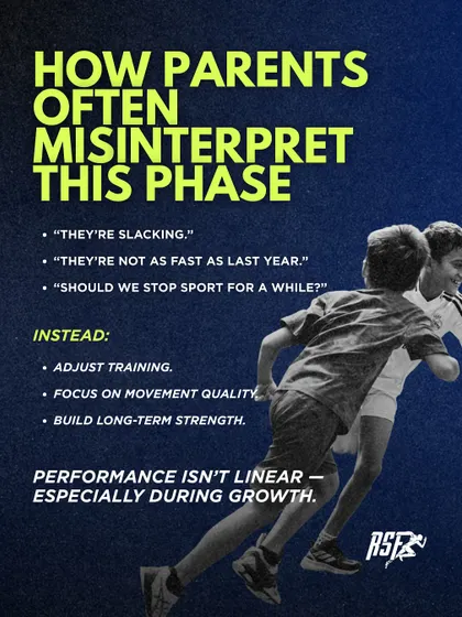 How do parents often misinterpret this phase? This graphic lists common reactions, like thinking their child is "slacking." We provide a better alternative: adjust training, focus on movement quality, and build long-term strength.