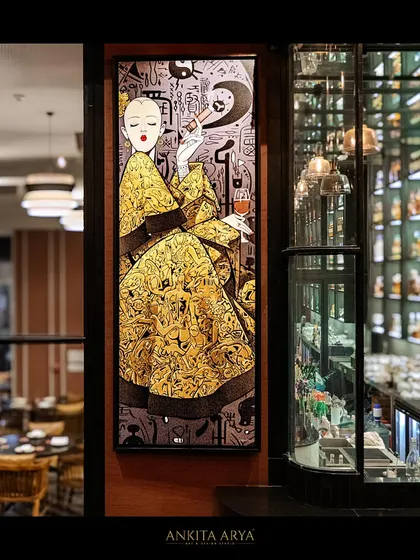 Another piece of oriental pop art designed for Shanghigh. This artwork features a stylish figure in a detailed yellow robe, adding a touch of modern flair and sophistication to the bar area.