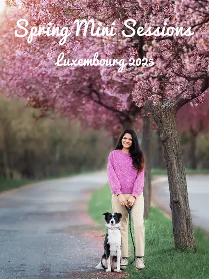 Announcing my Spring Mini Sessions in Luxembourg! This promotional image captures the essence of what you can expect: a beautiful portrait with your pet surrounded by stunning spring blossoms.