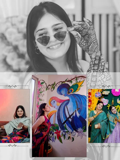 A collage capturing the fun and candid moments of guests at a Mehendi ceremony.