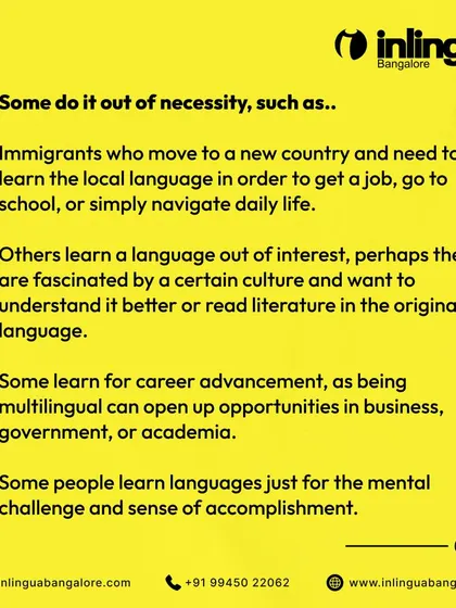 This graphic details the different reasons people learn a new language, such as for immigration, career opportunities, or simply the mental challenge.