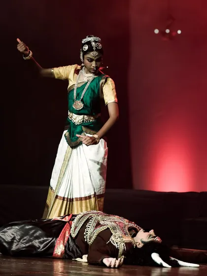 A dramatic scene from 'Shakti Stuti', depicting the battle between the Goddess and a demon. Dance dramas allow us to tell epic stories through movement and expression.