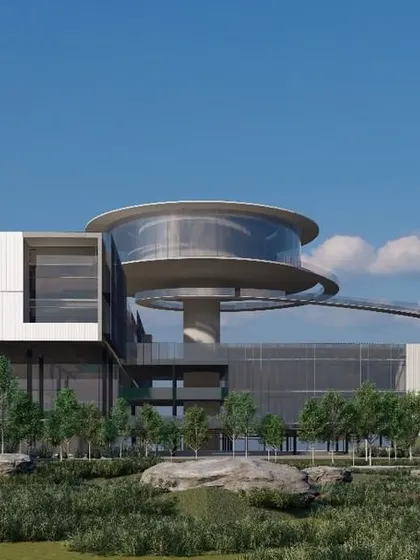 This is our design for ePositive Labs, a campus in Hyderabad dedicated to revolutionizing energy research. The architecture, with its futuristic circular viewing deck and clean lines, is inspired by the Pancha Bhootas, or five elements, reflecting the convergence of industry, academia, and sustainability.