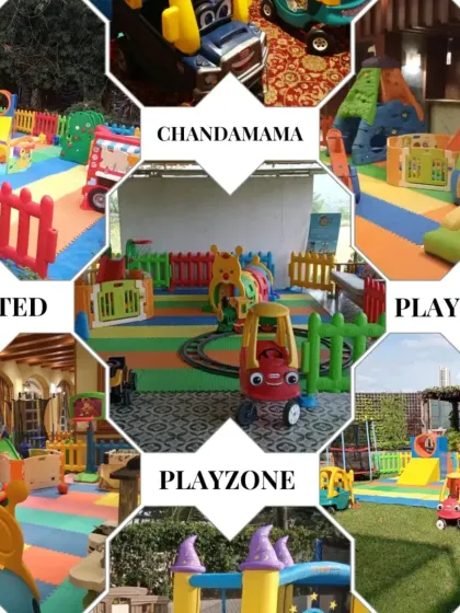 A creative collage showing various rented playzone setups. The images are arranged in a diamond pattern, showcasing everything from outdoor bouncy castles to indoor ride-on car areas.