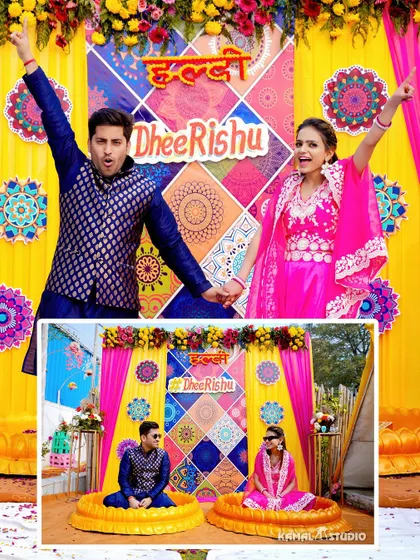 A fun and energetic collage of the couple at their Haldi, posing with excitement.