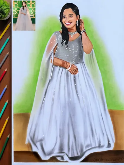 A full-length portrait of a woman in a beautiful silver gown, drawn on A3 paper. The colored pencils helped me capture the shimmer and flow of the elegant dress.