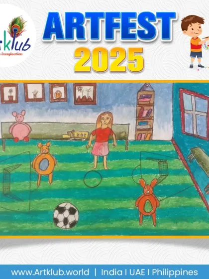 A girl playing soccer in her room with her toys, a sweet and imaginative scene from our junior division.